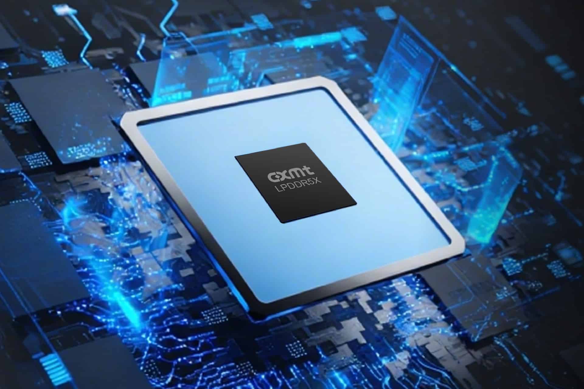 A close-up illustration of a "QMT LPDDR5X" microchip on a glowing blue circuit board, representing advanced semiconductor technology from CXMT and the impact of DRAM prices.