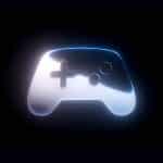 A glowing, translucent video game controller icon—reminiscent of high-end controllers designed for AAA games—with a cross-shaped d-pad and two circular buttons on a black background.