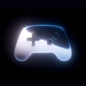 A glowing, translucent video game controller icon—reminiscent of high-end controllers designed for AAA games—with a cross-shaped d-pad and two circular buttons on a black background.