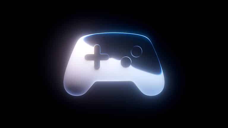 A glowing, translucent video game controller icon—reminiscent of high-end controllers designed for AAA games—with a cross-shaped d-pad and two circular buttons on a black background.