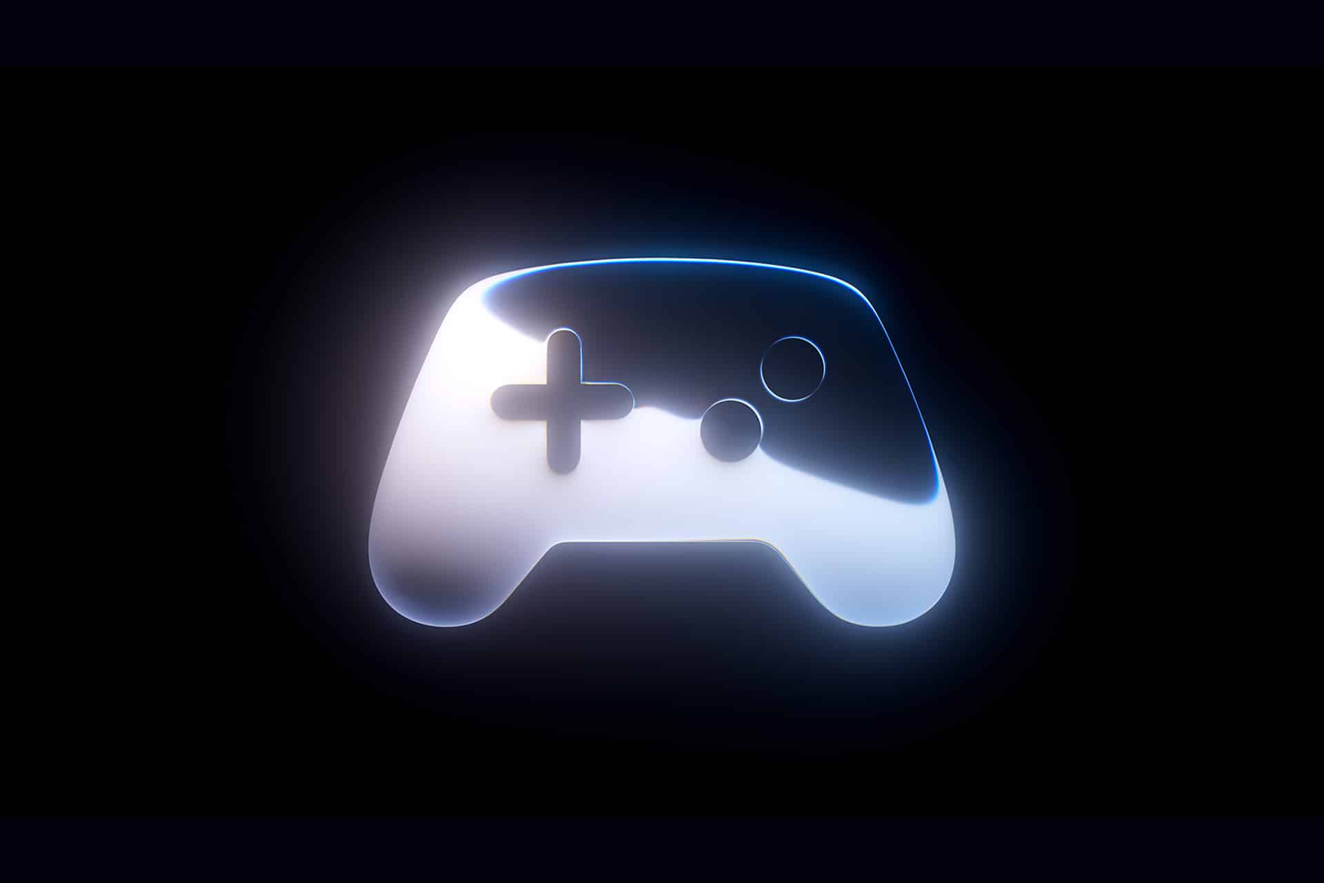 A glowing, translucent video game controller icon—reminiscent of high-end controllers designed for AAA games—with a cross-shaped d-pad and two circular buttons on a black background.