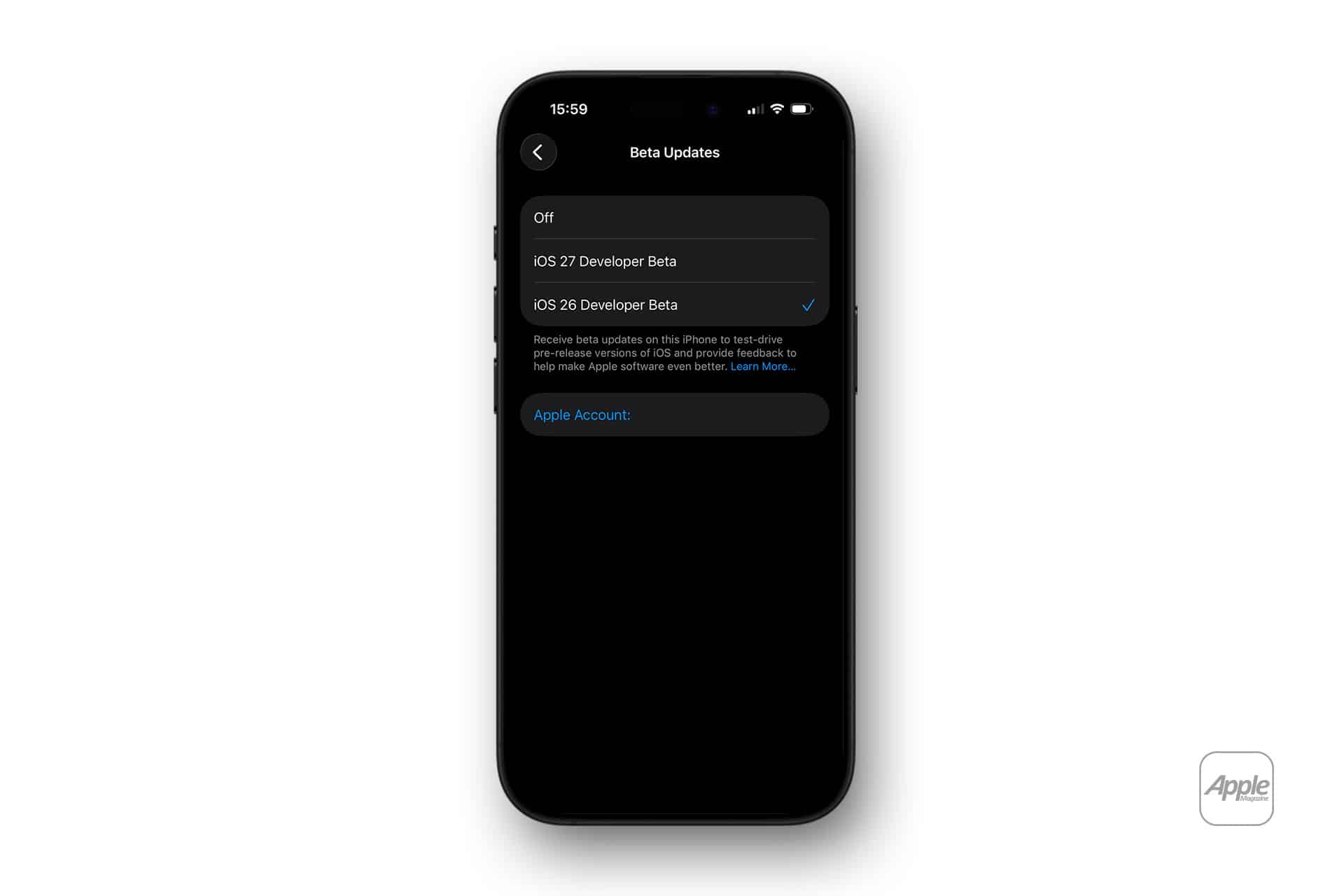 An iPhone displays the Beta Updates settings screen, showing options for iOS 17 Developer Beta, iOS 18 Developer Beta, or Off. The interface highlights participation in the Apple Beta Software Program, with the Apple logo appearing in the bottom right corner.