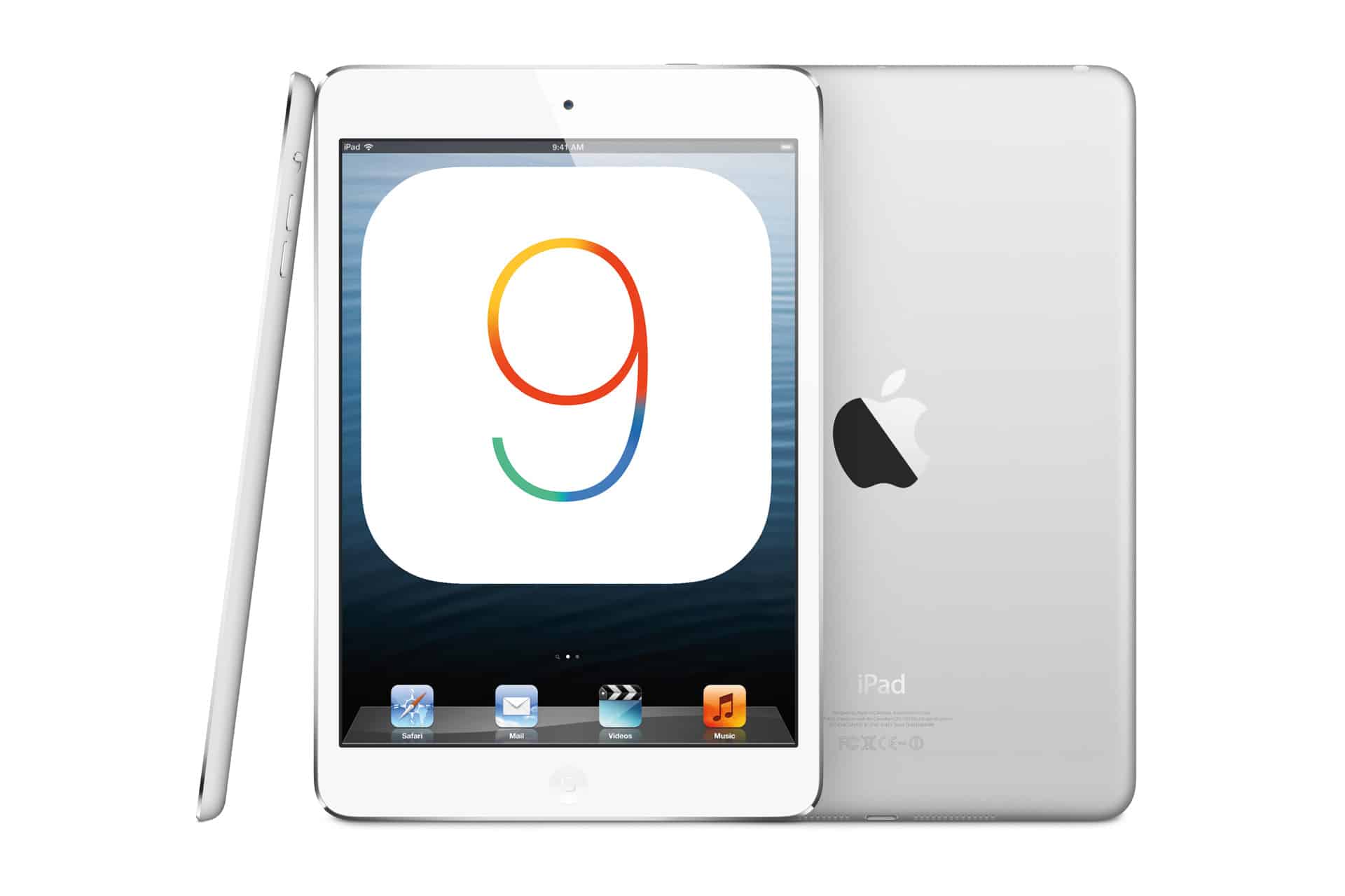 Three silver iPad minis are shown, one from the front displaying the iOS 9 logo on its screen, one angled to the side, and one from the back showing the Apple logo. These older iPads share a similar sleek design language with devices like the iPhone 5.