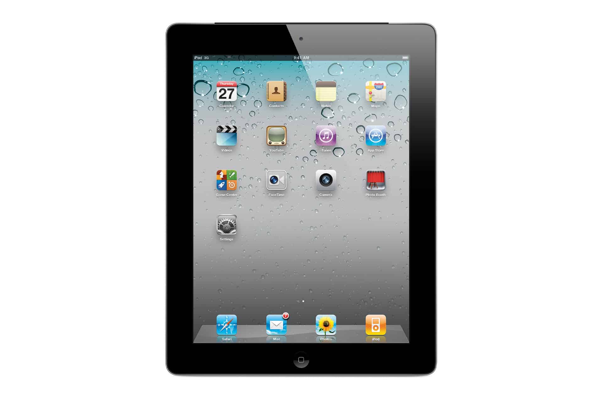 A black Apple iPad displays its home screen with various app icons and a water droplet wallpaper, reminiscent of the classic design seen on older iPads.