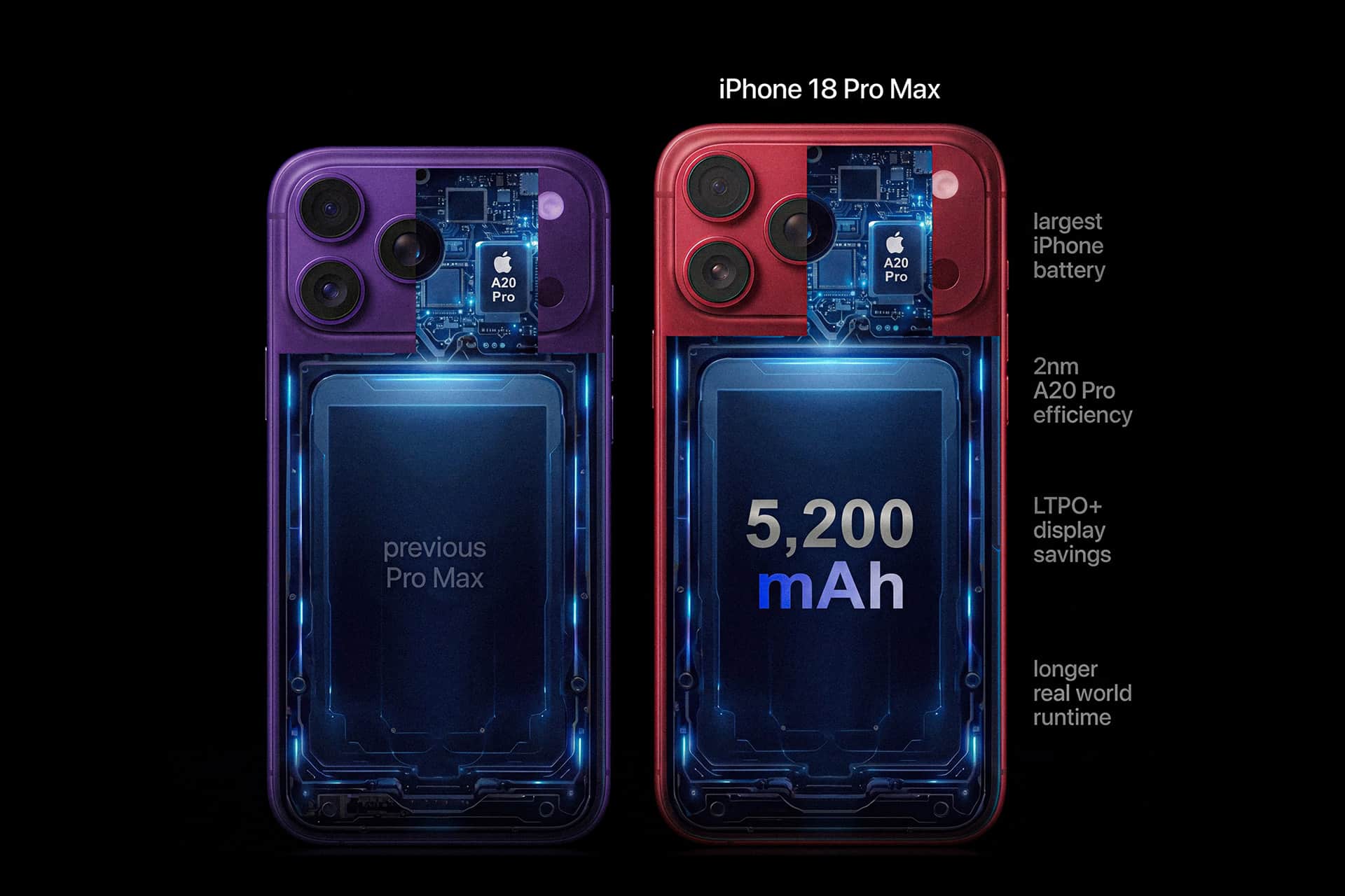 Two iPhone 18 Pro Max models, in purple and red, display transparent backs revealing internal components. The red iPhone 18 Pro Max highlights a powerful 5,200 mAh battery—the largest iPhone battery yet—with efficient chip and display upgrades.