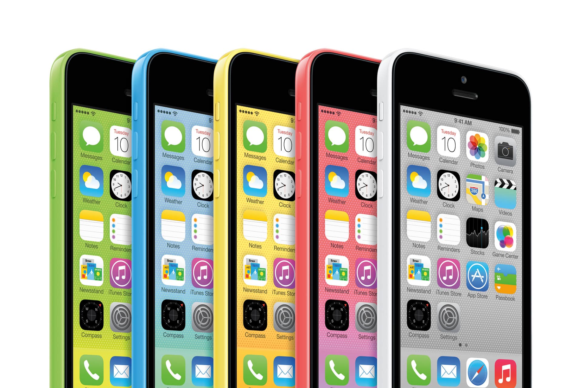 Five iPhones in green, blue, yellow, pink, and white are displayed side by side, each showing their home screens with app icons and the same time and date—a colorful nod to legacy iPhone models and their enduring appeal among enthusiasts interested in iOS signing or exploring features on older iPads.