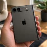 A hand holds a foldable iPhone with a metallic finish and an Apple logo on the back, featuring two rear cameras. Indoor setting with a beige couch, wooden table, and a potted plant in the background.