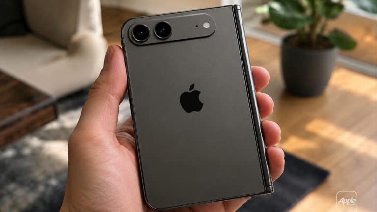 A hand holds a foldable iPhone with a metallic finish and an Apple logo on the back, featuring two rear cameras. Indoor setting with a beige couch, wooden table, and a potted plant in the background.