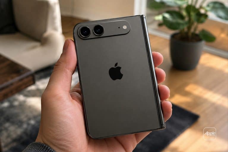A hand holds a foldable iPhone with a metallic finish and an Apple logo on the back, featuring two rear cameras. Indoor setting with a beige couch, wooden table, and a potted plant in the background.