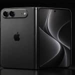A sleek, black, foldable iPhone with the Apple logo, shown half-open with dual rear cameras and a modern abstract wallpaper on the inner display, set against a dark background.