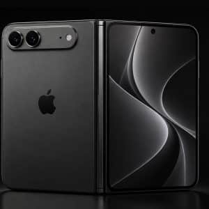 A sleek, black, foldable iPhone with the Apple logo, shown half-open with dual rear cameras and a modern abstract wallpaper on the inner display, set against a dark background.