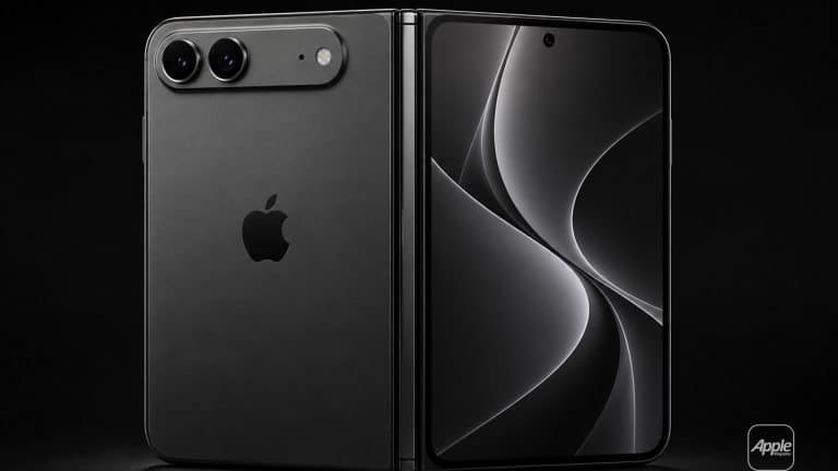 A sleek, black, foldable iPhone with the Apple logo, shown half-open with dual rear cameras and a modern abstract wallpaper on the inner display, set against a dark background.