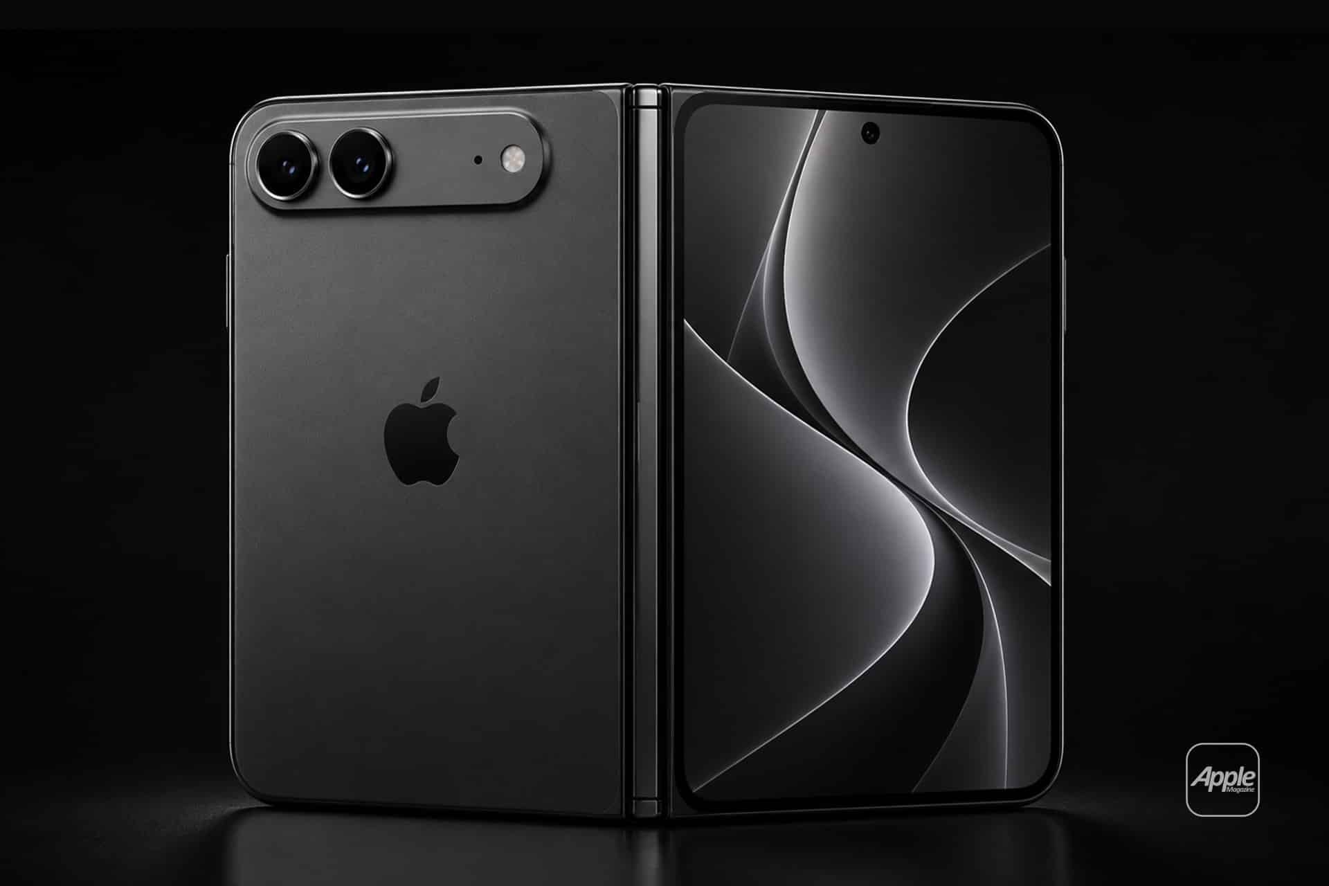 A sleek, black, foldable iPhone with the Apple logo, shown half-open with dual rear cameras and a modern abstract wallpaper on the inner display, set against a dark background.