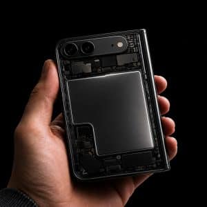 A hand holds a foldable iPhone with a transparent back, revealing its internal components and the Foldable iPhone battery, against a black background. The Apple logo is visible in the lower right corner.
