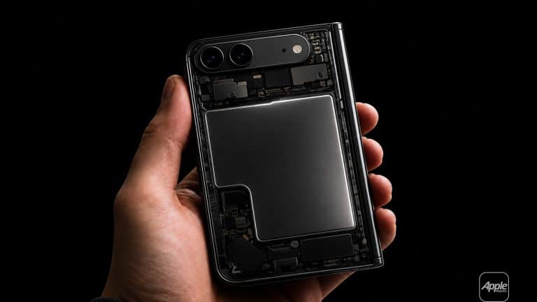 A hand holds a foldable iPhone with a transparent back, revealing its internal components and the Foldable iPhone battery, against a black background. The Apple logo is visible in the lower right corner.