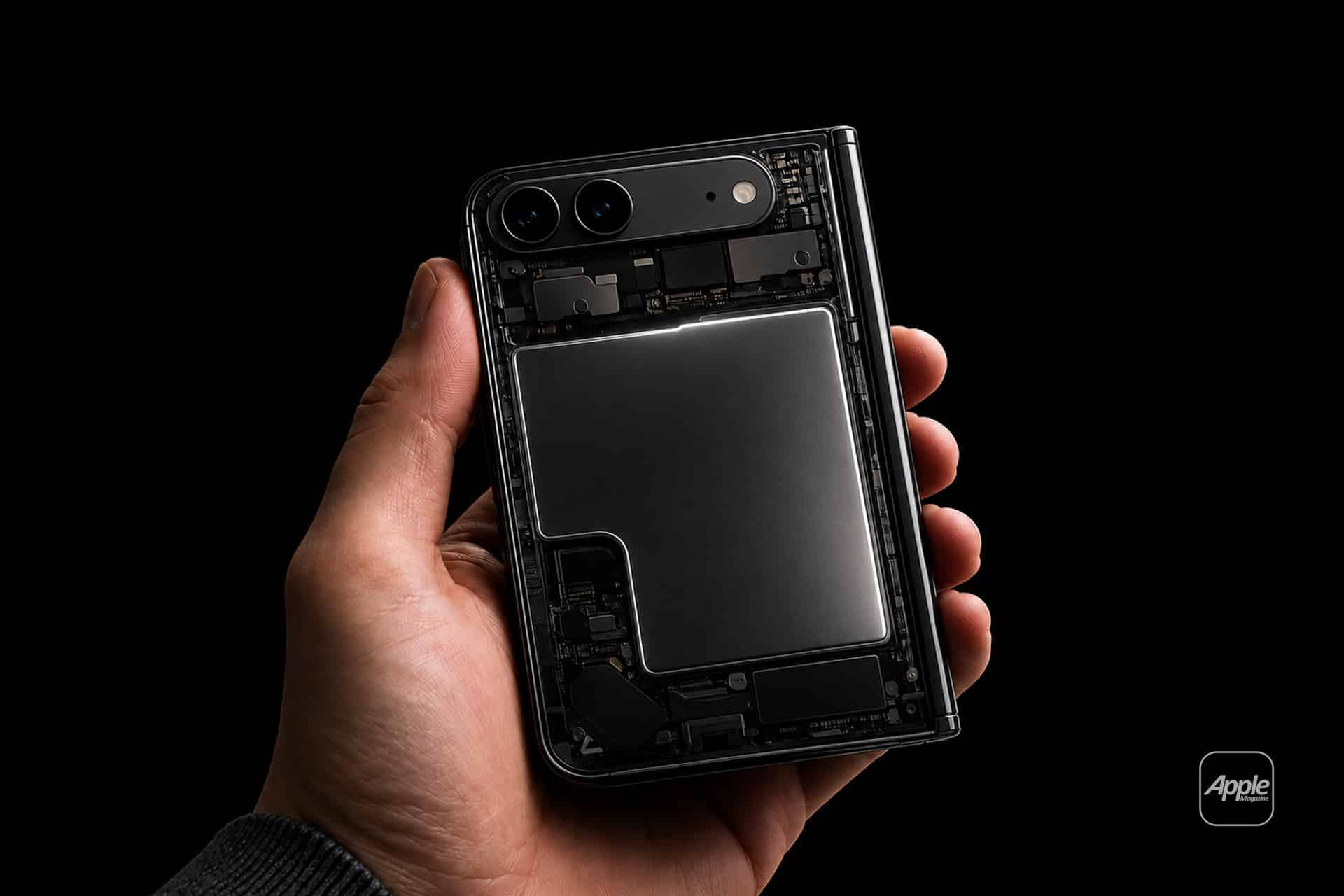 A hand holds a foldable iPhone with a transparent back, revealing its internal components and the Foldable iPhone battery, against a black background. The Apple logo is visible in the lower right corner.