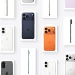 Multiple iPhones in various colors, including blue, black, white, orange, purple, and gray, are arranged neatly on white rectangular surfaces, showing both the back and side profiles of the devices—perfect for those considering options like Apple Upgrade or iPhone financing.