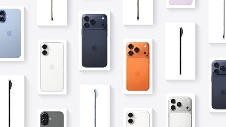 Multiple iPhones in various colors, including blue, black, white, orange, purple, and gray, are arranged neatly on white rectangular surfaces, showing both the back and side profiles of the devices—perfect for those considering options like Apple Upgrade or iPhone financing.