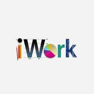 The word "iWork" is spelled out with letters resembling office tools: a pencil and ruler for "i," a chart for "W," a pie chart for "o," a spreadsheet for "r," and a notebook for "k," all on a white background, evoking the creative versatility of Pages and the productivity of Microsoft Office Mac.