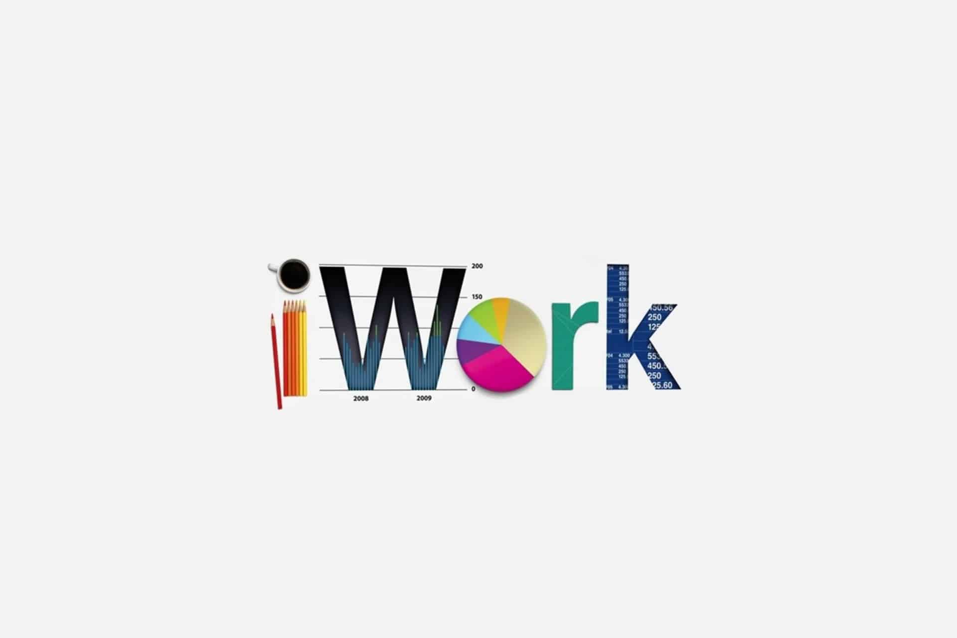 The word "iWork" is spelled out with letters resembling office tools: a pencil and ruler for "i," a chart for "W," a pie chart for "o," a spreadsheet for "r," and a notebook for "k," all on a white background, evoking the creative versatility of Pages and the productivity of Microsoft Office Mac.