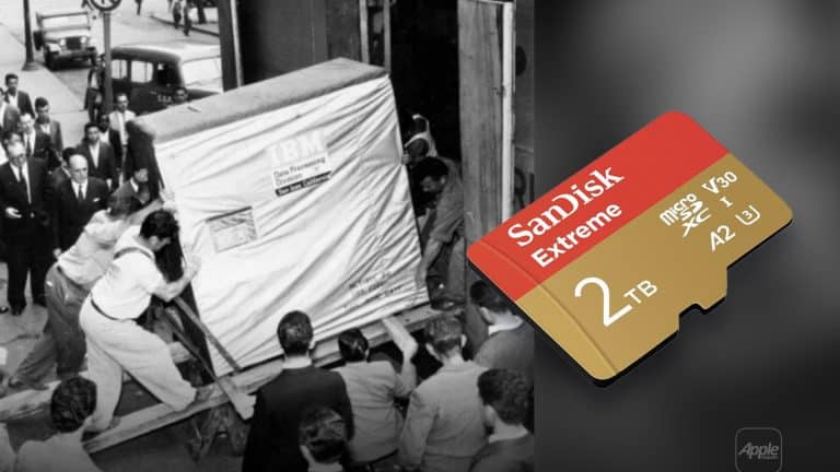 A black-and-white photo shows people moving a large IBM computer; next to it is a color image of a small 2TB SanDisk microSD card, highlighting advances in data storage technology and the remarkable miniaturization that now allows even powerful AI processing on devices like an iPhone.