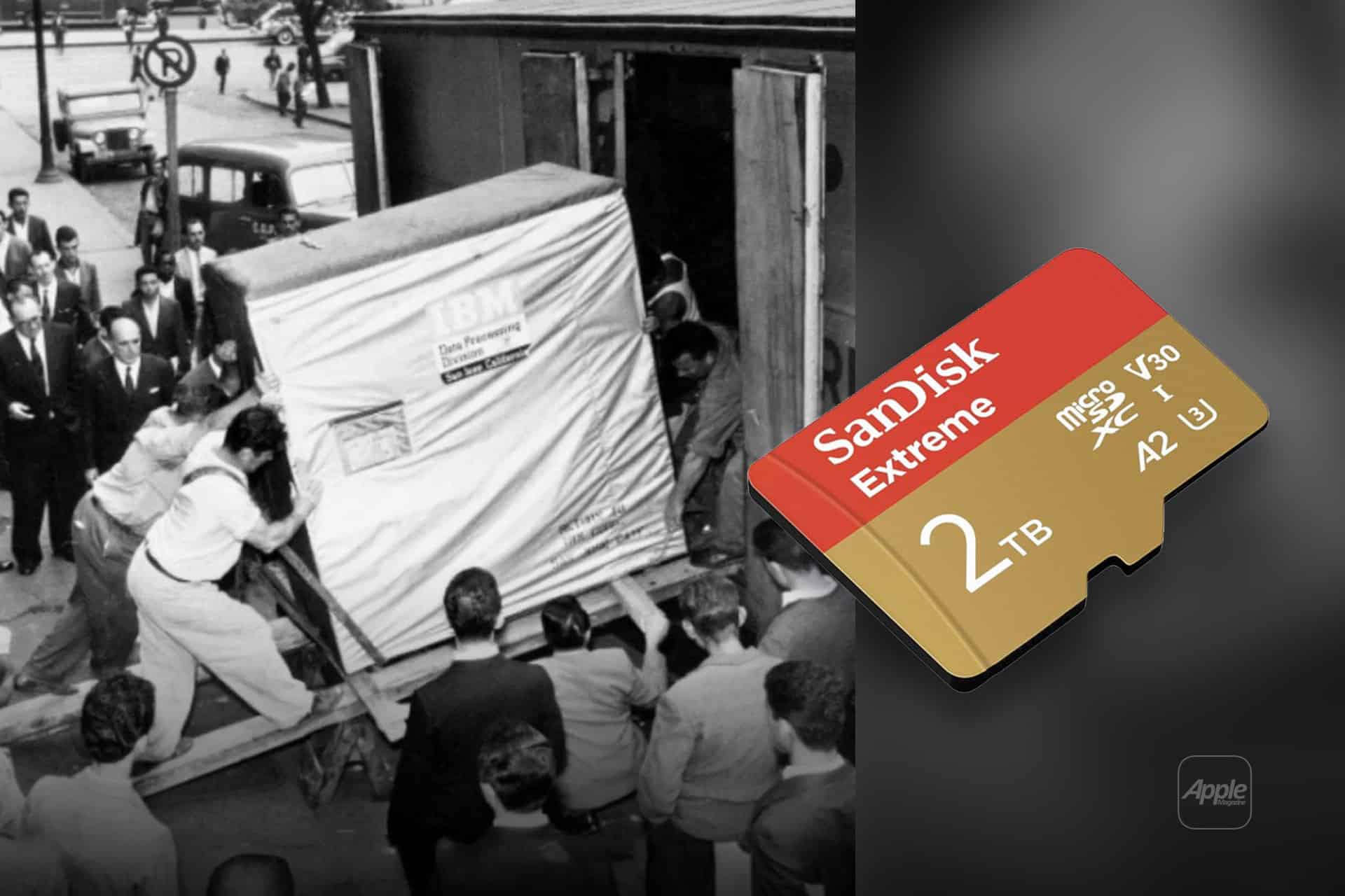 A black-and-white photo shows people moving a large IBM computer; next to it is a color image of a small 2TB SanDisk microSD card, highlighting advances in data storage technology and the remarkable miniaturization that now allows even powerful AI processing on devices like an iPhone.