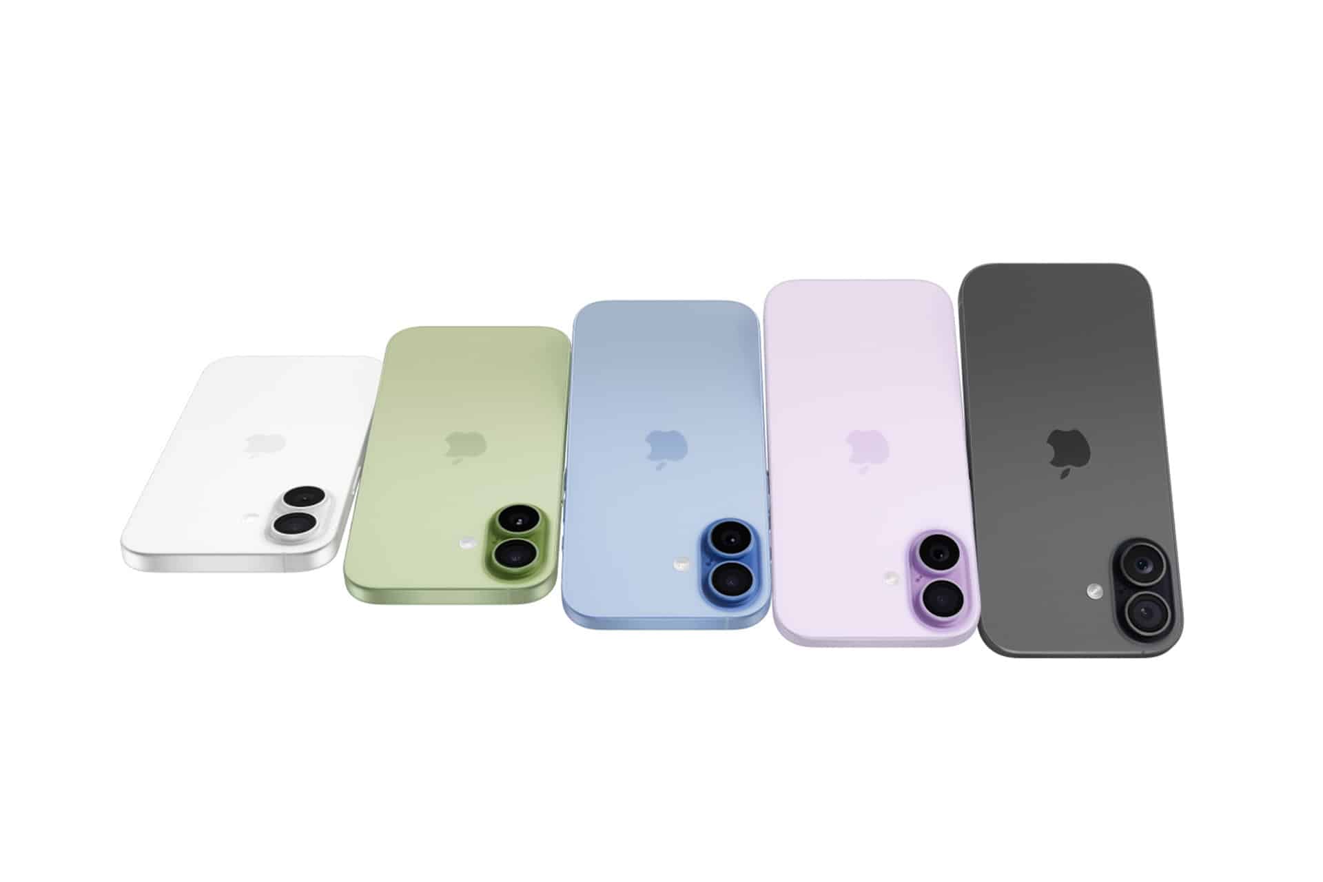 iPhone loyalty - Five iPhones in white, green, blue, purple, and black are shown standing upright, angled slightly to the right, displaying their backs with dual camera lenses and Apple logos—a testament to strong iPhone retention as seen in recent CIRP research.