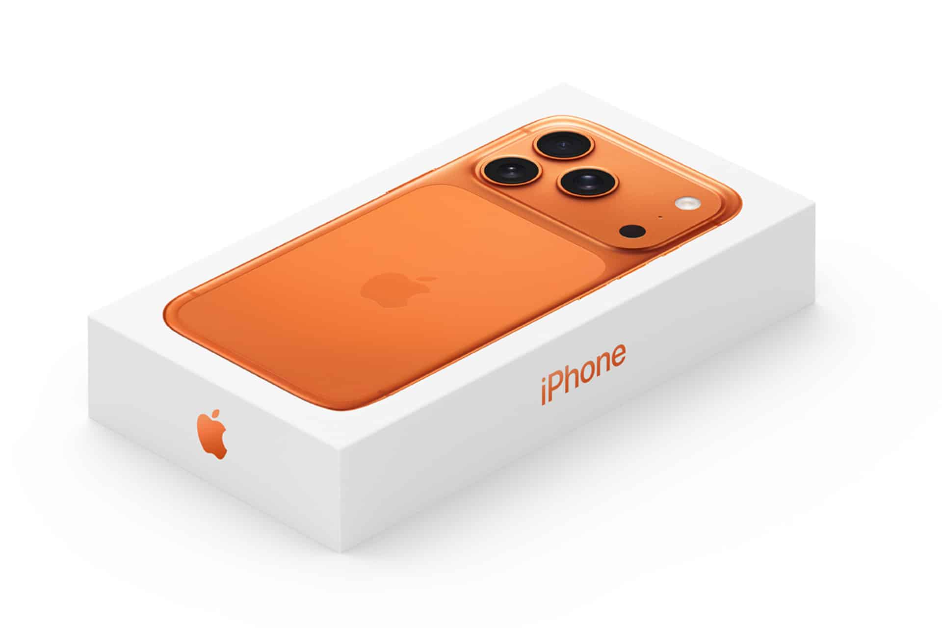 A white box displaying an orange iPhone with three rear cameras, shown from an angled view. The box features the Apple logo and the word "iPhone" in orange text, making it a perfect choice for those considering iPhone financing or an Apple Upgrade.