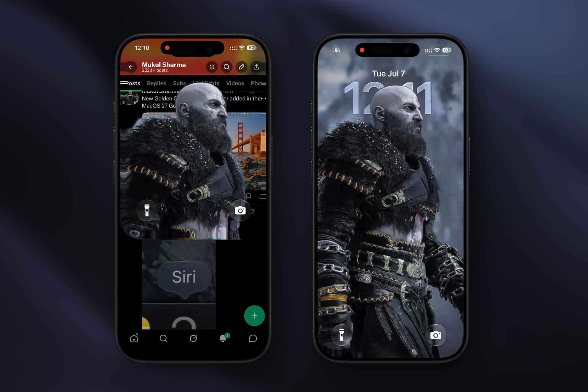 Two smartphones showcase a bearded, armored warrior as wallpaper. The left phone features the Reddit app, while the right highlights the lock screen with an iOS 27 wallpaper effect and depth effect at 10:11 AM on Tue Jul 7.
