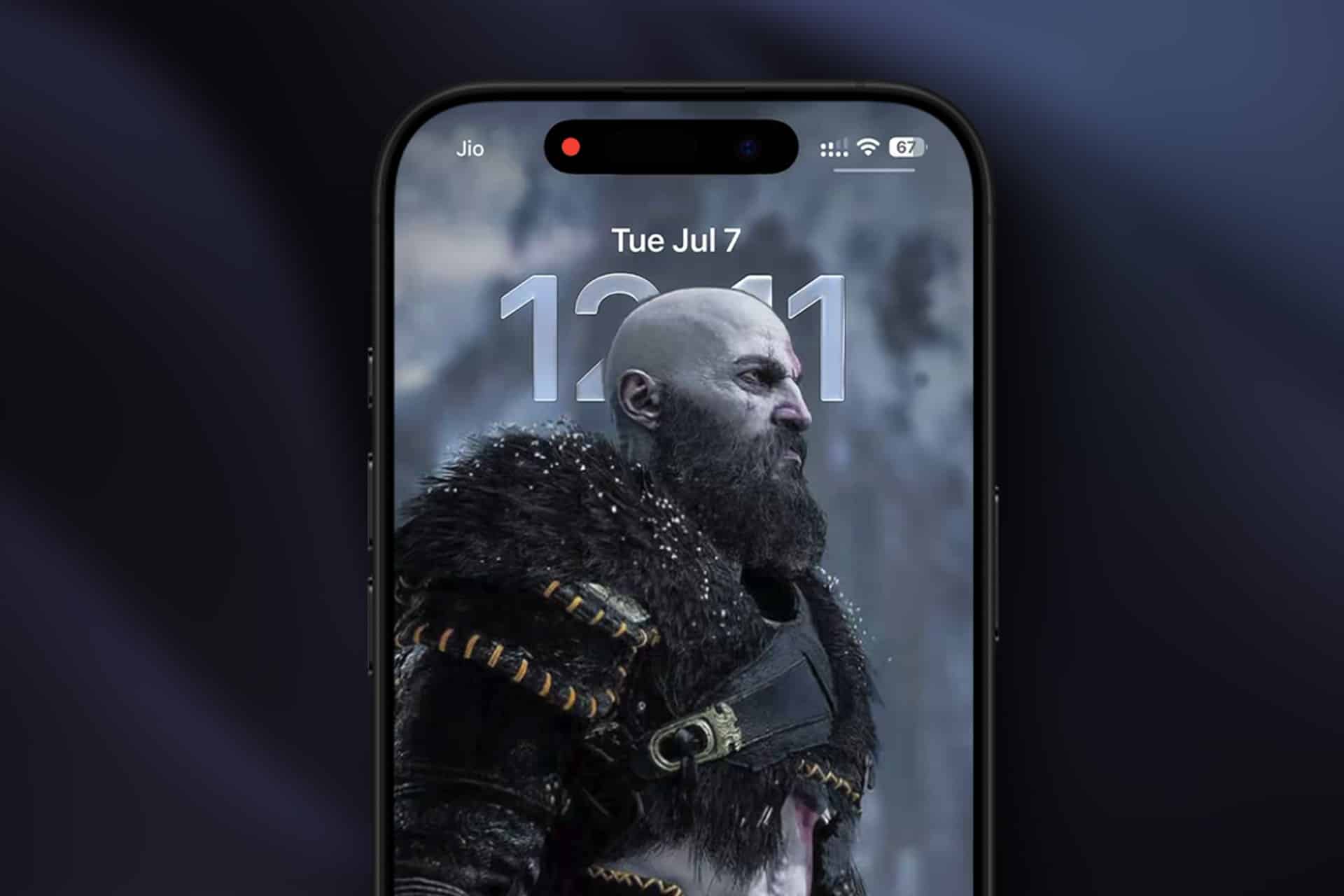 A smartphone screen displays the iPhone lock screen with a digital clock and date, featuring a bearded, armored warrior character as the wallpaper. The depth effect highlights the hero, while network and battery icons appear at the top.