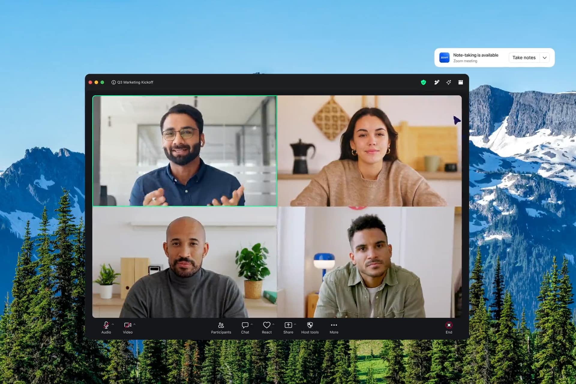 A video call interface, resembling popular platforms like FaceTime or Teams, shows four people in separate windows. They appear to be having a meeting. The desktop background displays a scenic mountain landscape with trees, blue sky, and snow-capped peaks.